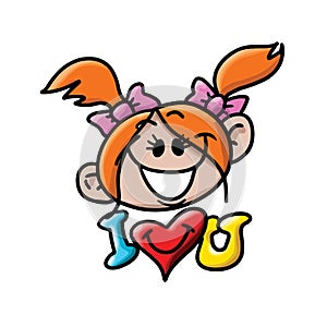 Cartoon face of a young girl saying i love you vector illustration, valentine`s day