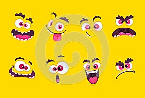 Cartoon faces. Emotions smirk expressions, smile mouth with teeth and scared eyes characters vector collection photo