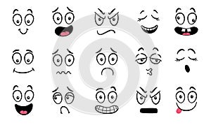 Cartoon faces. Expressive eyes and mouth, smiling, crying and surprised character face expressions. Caricature comic