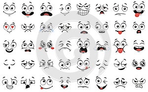 Cartoon faces. Expressive eyes and mouth, smiling, crying and surprised character face expressions vector illustration set