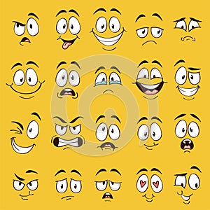 Cartoon faces. Funny face expressions, caricature emotions. Cute character with different expressive eyes and mouth