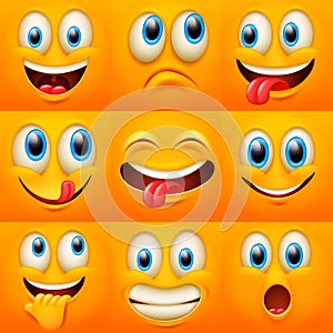 Cartoon faces. Funny face expressions, caricature emotions. Cute character with different expressive eyes and mouth