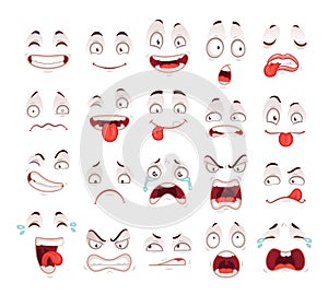 Cartoon faces. Happy excited smile laughing unhappy sad cry and scared face expressions. Expressive caricatures vector