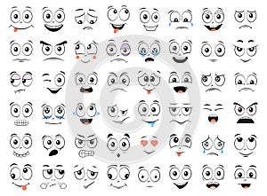 Cartoon faces set. Angry, laughing, smiling, crying, scared and other expressions. Vector