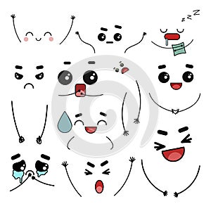Cartoon faces set. Expressive eyes and mouth