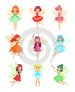 Cartoon fairies characters. Fairy creatures with wings and magic wands. Fabulous flying elf dress girls with flower