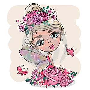 Cartoon fairy girl with flowers on a pink background