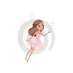 Cartoon fairy girl flying and spreading magical dust. Brown-haired pixie in cute pink dress. Fairytale character with photo