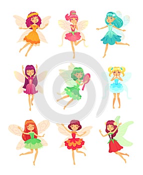 Cartoon fairy girls. Cute fairies dancing in colorful dresses. Magic flying little creatures characters with wings