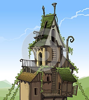 Cartoon fairy house overgrown plants