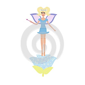 Cartoon Fairy with a magic wand on a flower