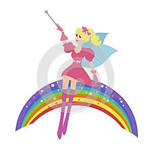 Cartoon Fairy with a magic wand sitting on the rainbow