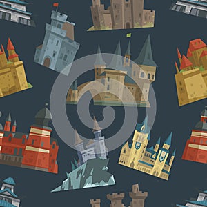 Cartoon fairy tale castle key-stone palace tower architecture building seamless pattern background vector