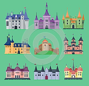 Cartoon fairy tale castle key-stone palace tower icon knight medieval architecture castle building illustration. Fantasy