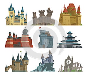 Cartoon fairy tale castle key-stone palace tower icon scarry knight medieval architecture building vector illustration.