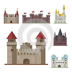 Cartoon fairy tale castle tower icon cute architecture fantasy house fairytale medieval and princess stronghold design