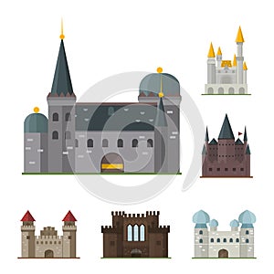 Cartoon fairy tale castle tower icon cute architecture fantasy house fairytale medieval and princess stronghold design