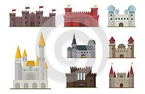 Cartoon fairy tale castle tower icon cute architecture fantasy house fairytale medieval and princess stronghold design