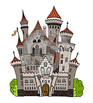 Cartoon fairy tale castle tower icon. Cute architecture. Vector illustration fantasy house fairytale medieval