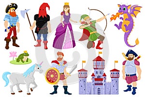 Cartoon fairy tale dragon, pirate, princess fantasy characters. Fairy tale fantasy unicorn, medieval castle, dragon