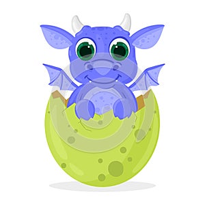 Cartoon fairy tale fantasy cute newborn baby dragon. Cute dragon baby hatches from egg isolated vector illustration