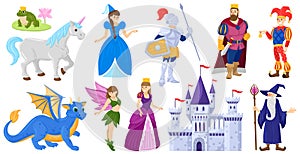 Cartoon fairy tale medieval magic world characters. Fantasy fairy tale princess, unicorn, knight, wizard, dragon vector