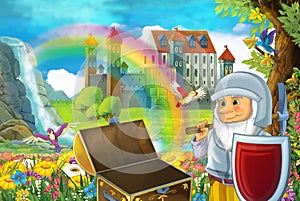 Cartoon fairy tale scene with dwarf in the field full of flowers near wooden chest small waterfall colorful rainbow and bi