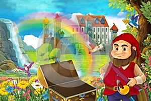 Cartoon fairy tale scene with dwarf in the field full of flowers near wooden chest small waterfall colorful rainbow and bi