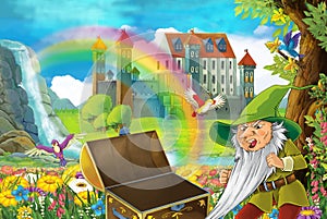 Cartoon fairy tale scene with dwarf in the field full of flowers near wooden chest small waterfall colorful rainbow and bi