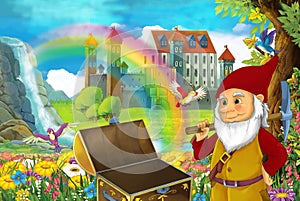 Cartoon fairy tale scene with dwarf in the field full of flowers near wooden chest small waterfall colorful rainbow and bi