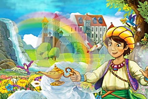 Cartoon fairy tale scene with handsome prince in the field full of flowers near small waterfall colorful rainbow and big castle