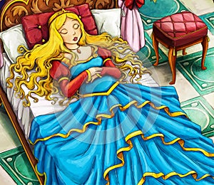 Cartoon fairy tale scene - sleeping princess
