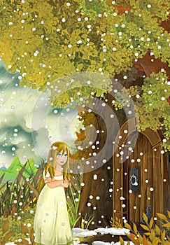 Cartoon fairy tale scene with a young little girl living in a tree house - standing near the door