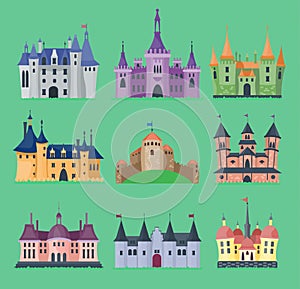 Cartoon fairy tale vector castle key-stone palace tower icon knight medieval architecture castle building illustration