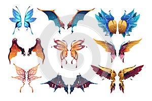 Cartoon fairy wings. Abstract magic fantasy butterfly and bird feather shapes, beautiful winged angel and fairy tale