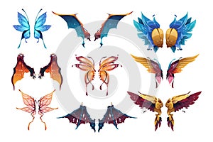 Cartoon fairy wings. Abstract magic fantasy butterfly and bird feather shapes, beautiful winged angel and fairy tale character