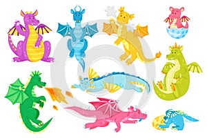 Cartoon fairytale dragon characters, cute baby dragons. Fantasy creature breathing fire, magical flying reptiles, fairy tale
