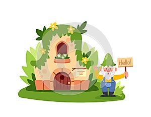 Cartoon Fairytale Elf Or Dwarf House, Fantasy Dwelling For Fairy Or Gnome. Stone Home With Wooden Door