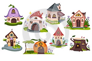 Cartoon fairytale houses of gnome, dwarf or elf