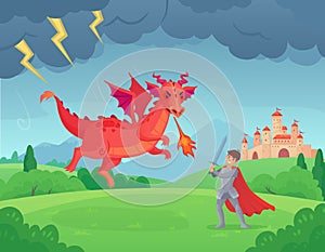 Cartoon fairytale knight fights dragon. Swordsman fighting evil monster, hero battle with dragons medieval legend vector photo