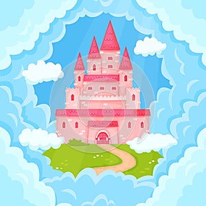 Cartoon fairytale princess pink castle towers in clouds. Magic kingdom palace flying in sky, cute medieval fantasy