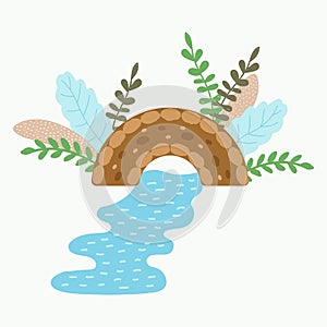 Cartoon fairytale stone arch bridge. Cute hand drawn plants