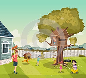 Cartoon family on the backyard of a colorful house in suburb neighborhood. Tree house on the backyard. photo