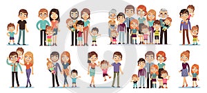 Cartoon family characters. Mother and father, son and daughter, grandparents and uncles, happy family people collection photo