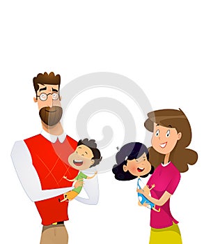 Cartoon family with children. Mother and father with baby son and daughter.