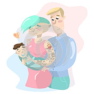 Cartoon family couple man and nonconformist woman with baby isolated on blue and pink background