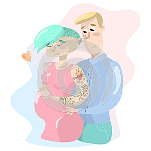 Cartoon family couple man and nonconformist woman pregnant isolated on pink and blue background