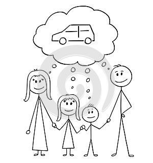 Cartoon of Family, Couple of Man and Woman and Two Children Thinking About Buying Car