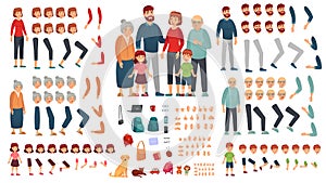 Cartoon family creation kit. Parents, children and grandparents characters constructor. Big family vector illustration photo