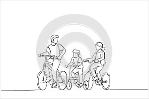 Cartoon of family father and mother teaching their son to ride bicycle at the park. Single continuous line art style